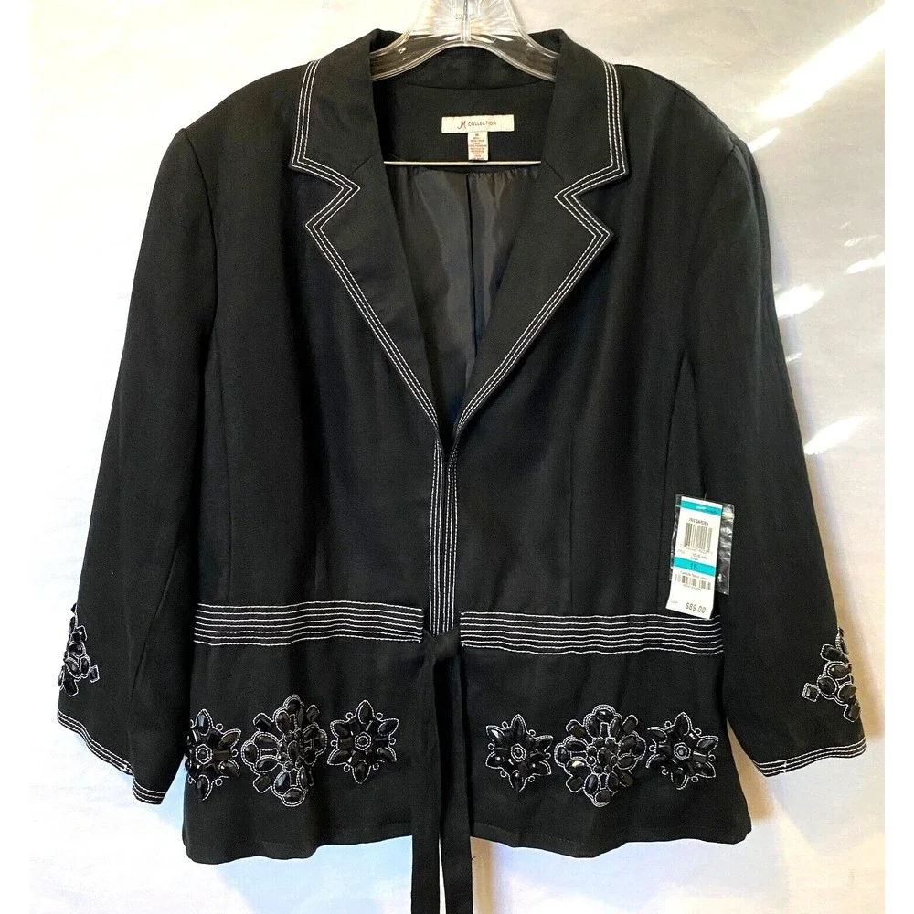 NWT JM Collection Womens Iris Garden Embellished Linen Blazer Jacket Black Sz 16 - Picture 1 of 14